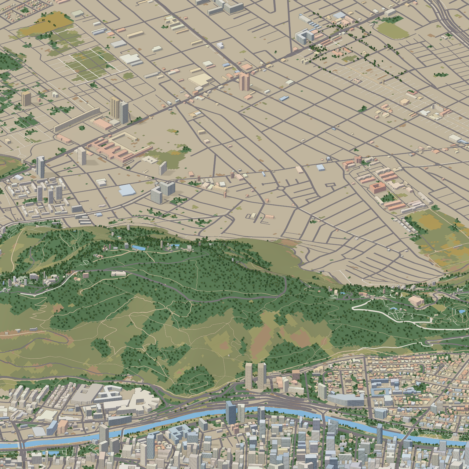Cumbre y laderas del San Cristóbal con edificios, calles, árboles y materiales de referencia